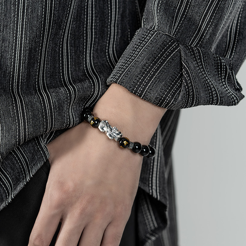 純銀黑曜石來財貔貅男士手串手錬
