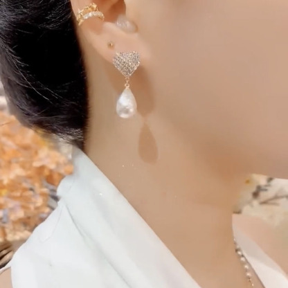 法式滿鑽愛心珍珠耳環