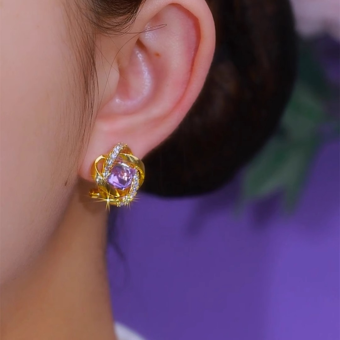 新款纏繞方形鋯石耳環