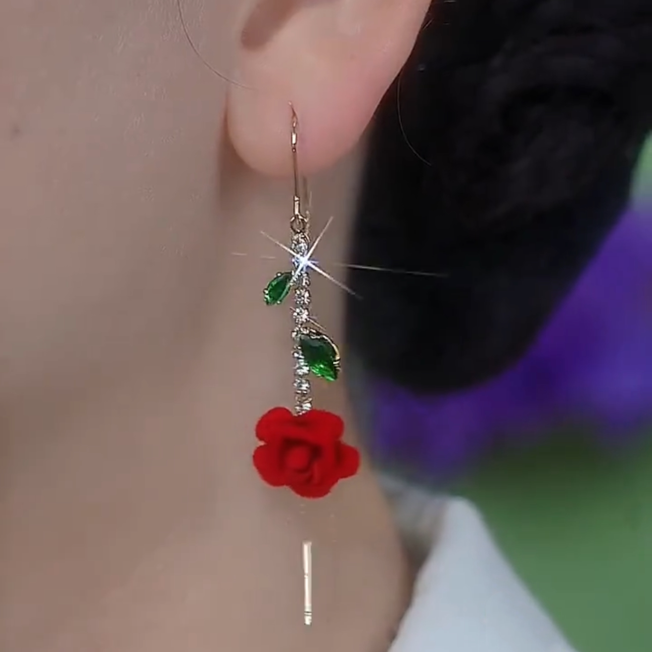 紅色植絨花朵長款精緻流蘇耳環