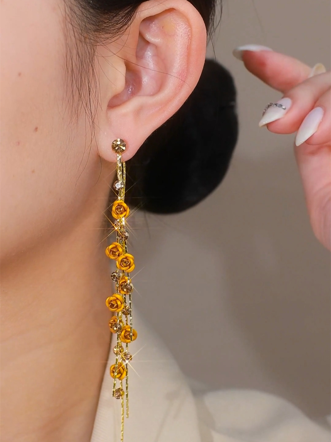 長款茶色玫瑰花流蘇耳環