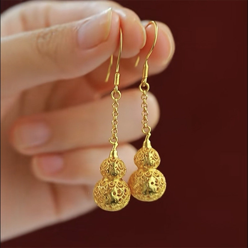 好運福祿金色長款鏤空葫蘆耳環