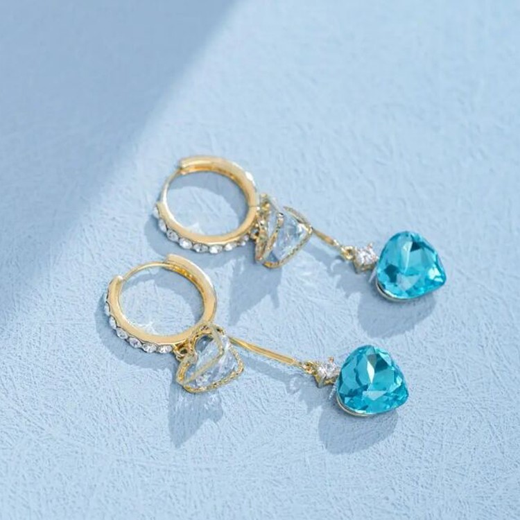 藍色水晶愛心流蘇耳環