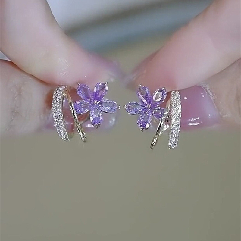 紫色鋯石花朵耳環  