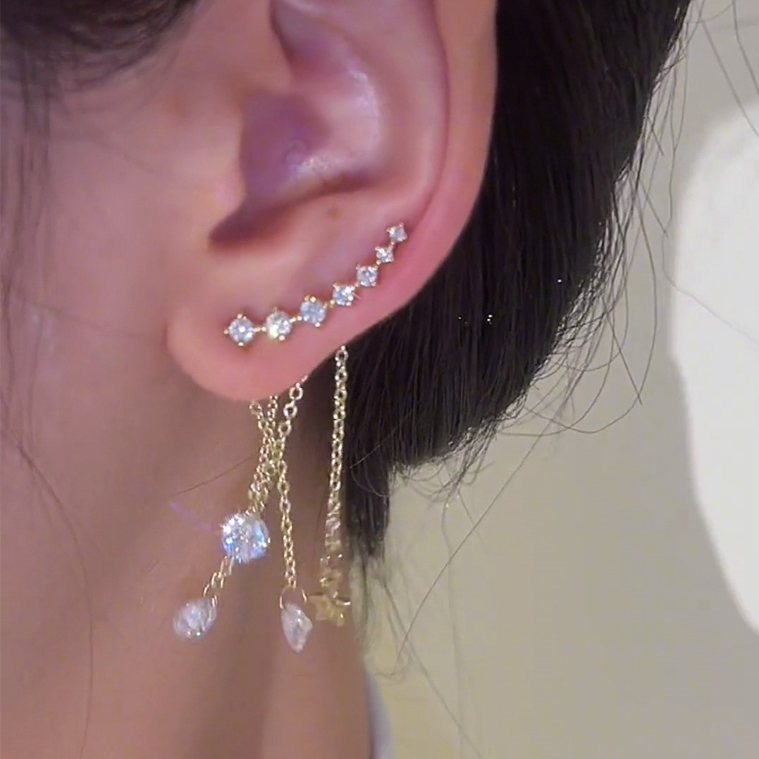 星星月亮後掛流蘇耳環