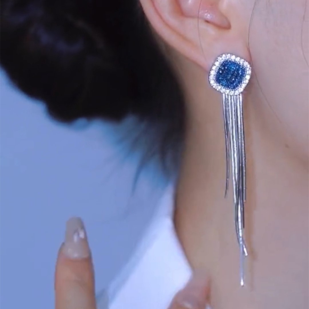 藍鑽銀色長流蘇耳環