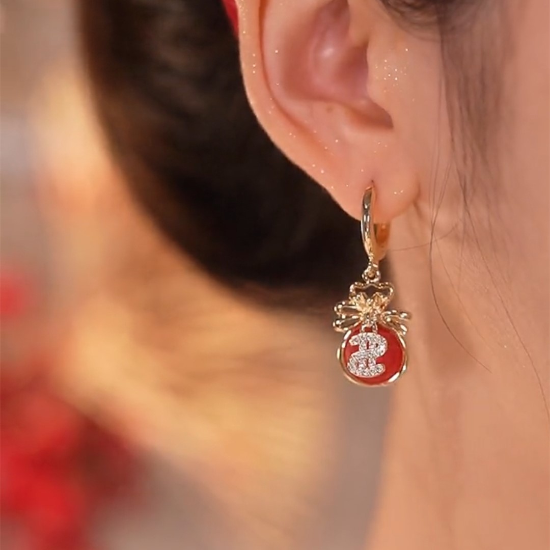 新年紅色招財錢袋耳環
