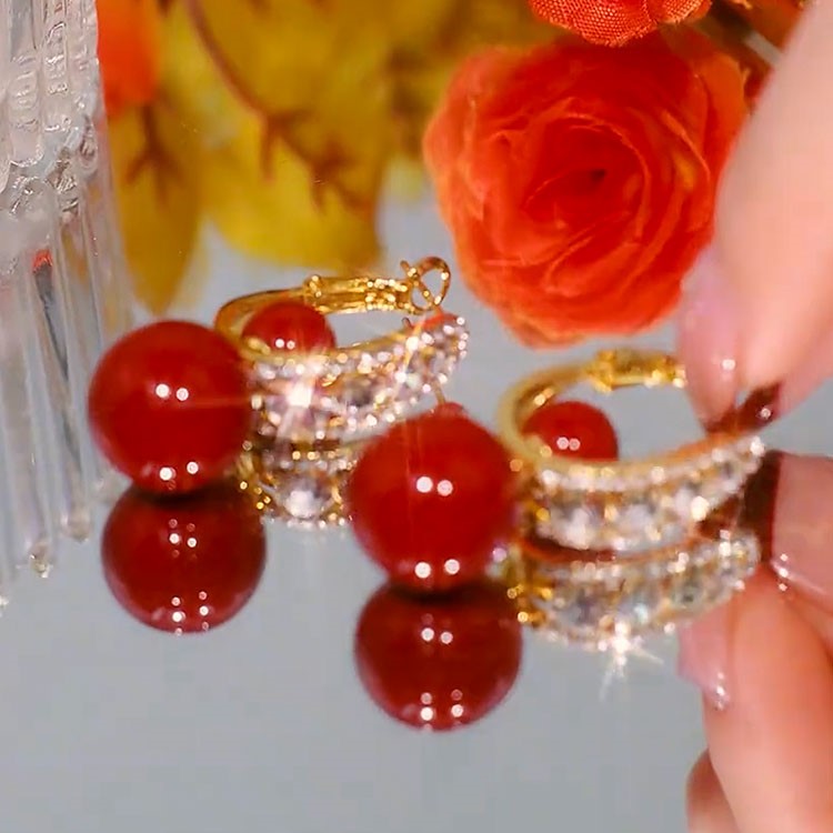 鋯石紅色珍珠氣質 一款兩戴耳環