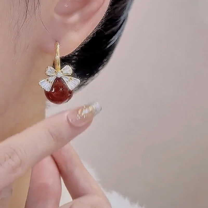 紅色珍珠鋯石蝴蝶結耳環