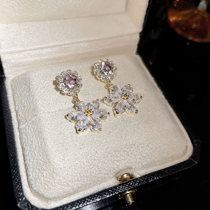 S925銀鑲鑽紫色花朵耳環