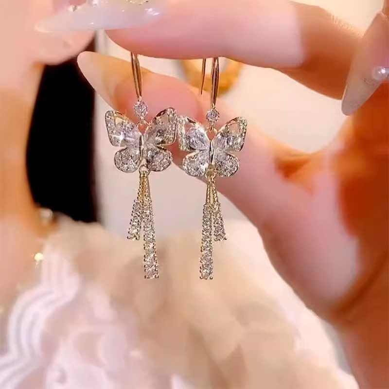 超閃蝴蝶鋯石流蘇耳環