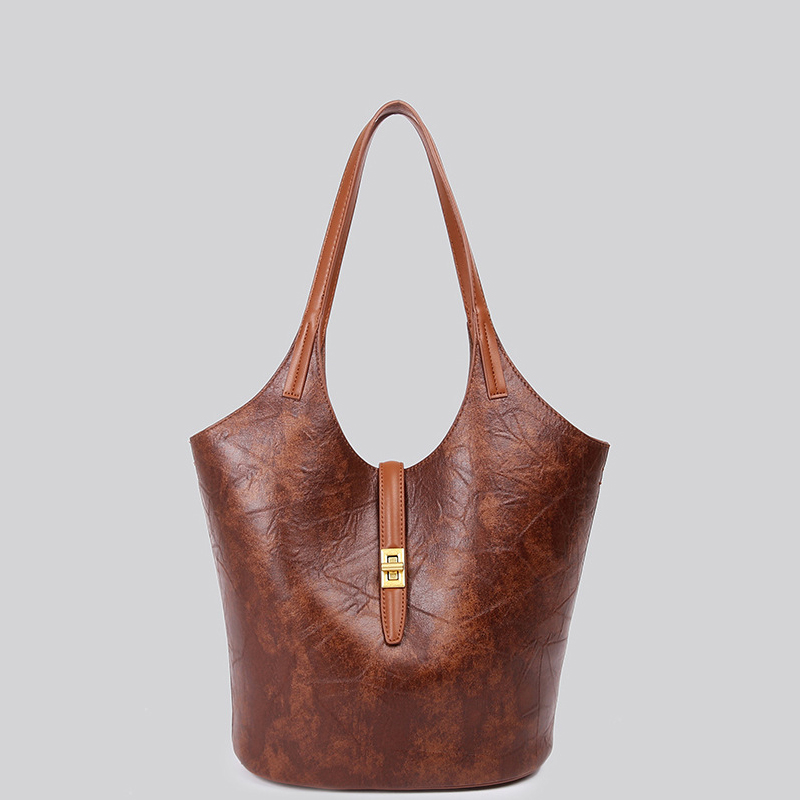 【沫緹甄選】秋冬新款大容量PU皮手抓紋水桶包高級感腋下通勤包時尚復古包