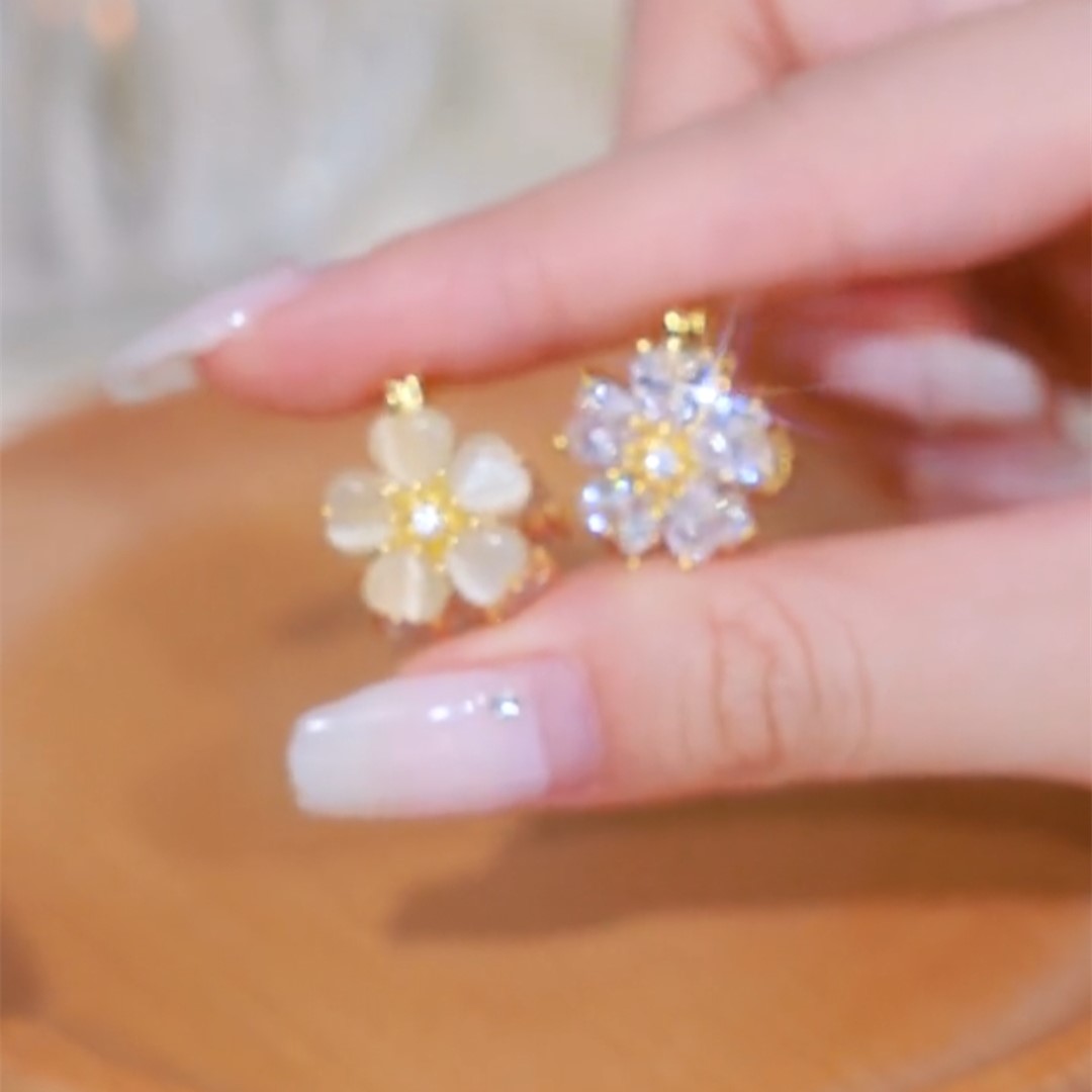高級感鋯石花耳扣耳環
