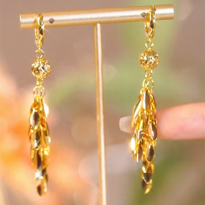 長款金色麥穗流蘇耳環  