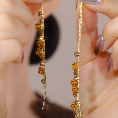 長款茶色玫瑰花流蘇耳環