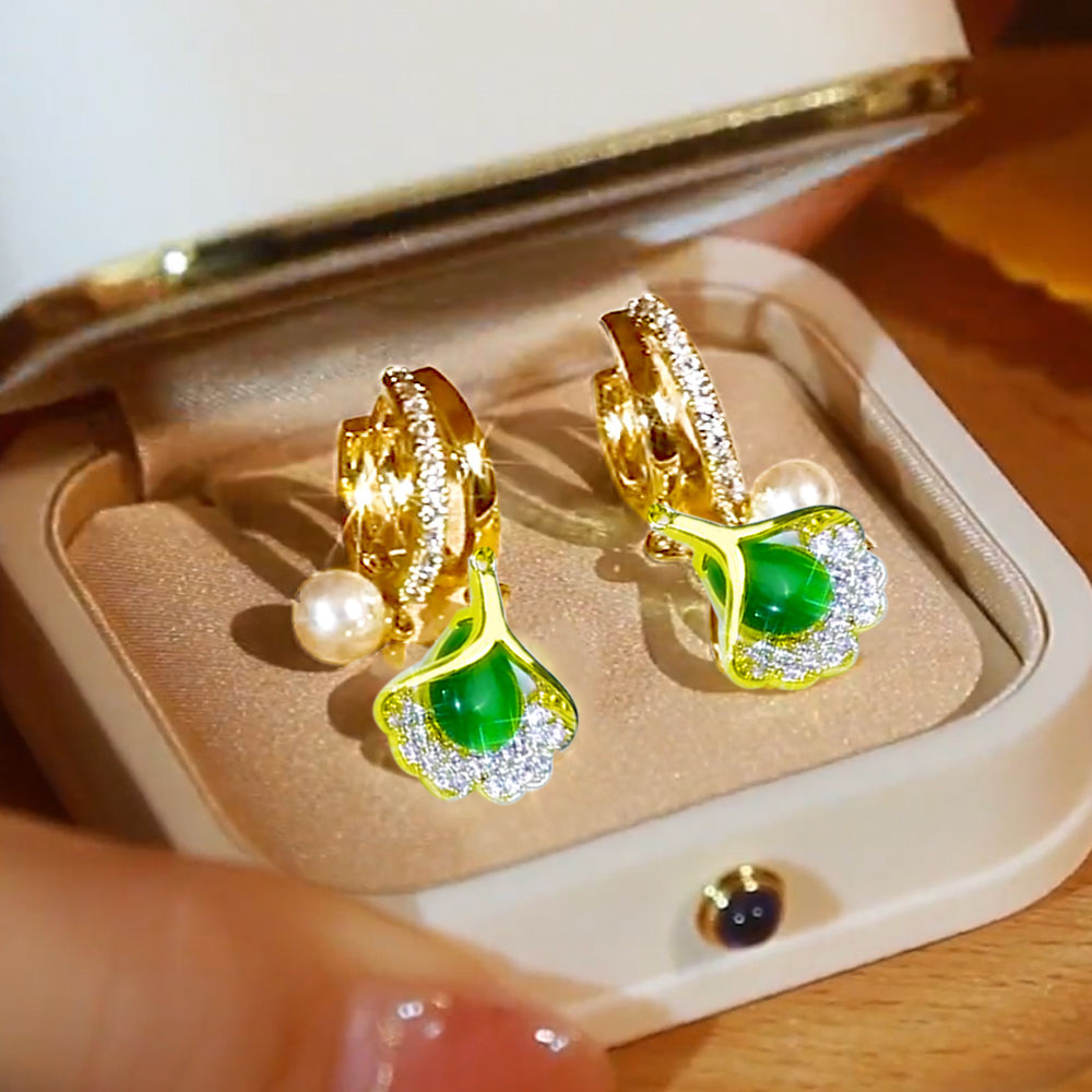 紅色銀杏葉珍珠耳環    