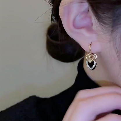 黑色多層愛心鋯石耳環