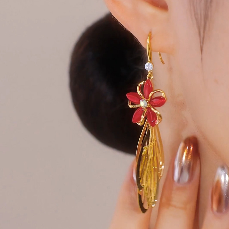 紅色貓眼石長款流蘇耳環
