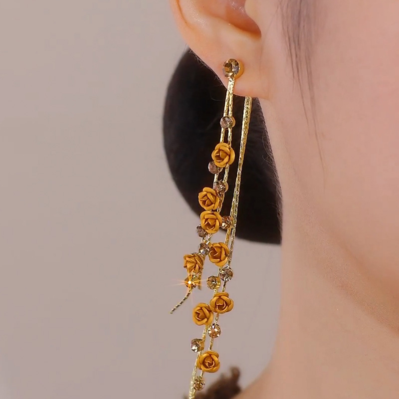 長款茶色玫瑰花流蘇耳環