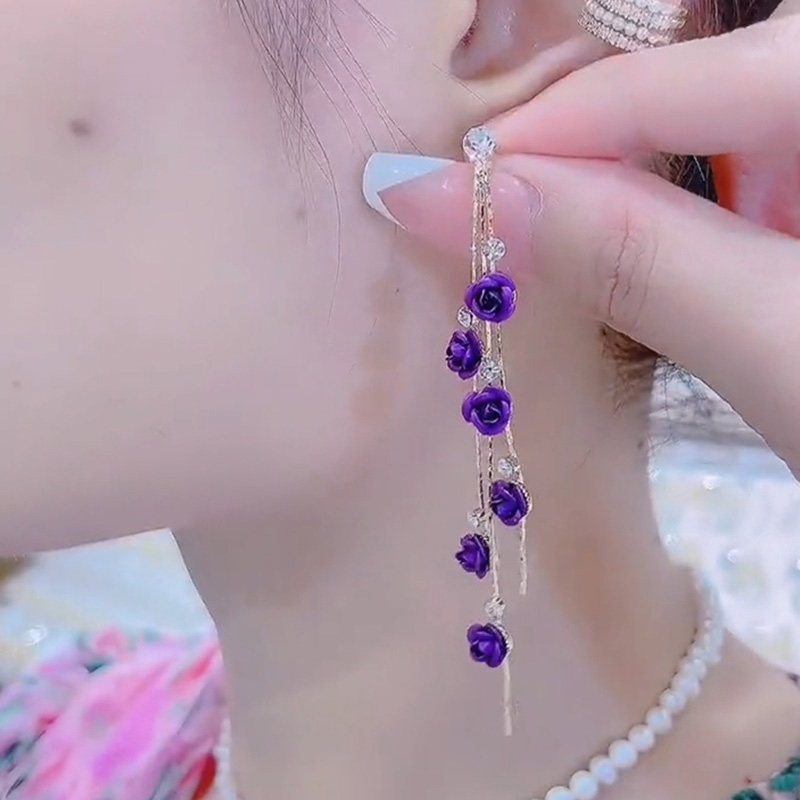 深紫色玫瑰花流蘇耳環
