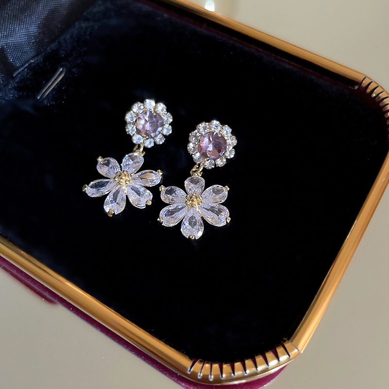 S925銀鑲鑽紫色花朵耳環