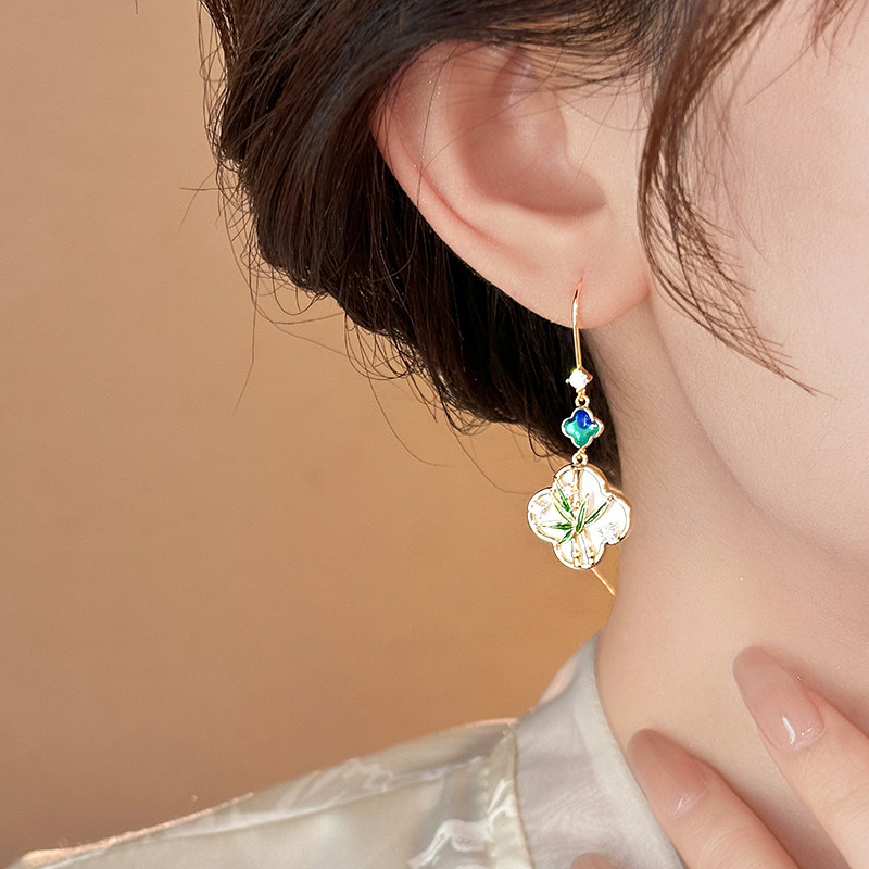 新中式四葉草竹葉鋯石耳環
