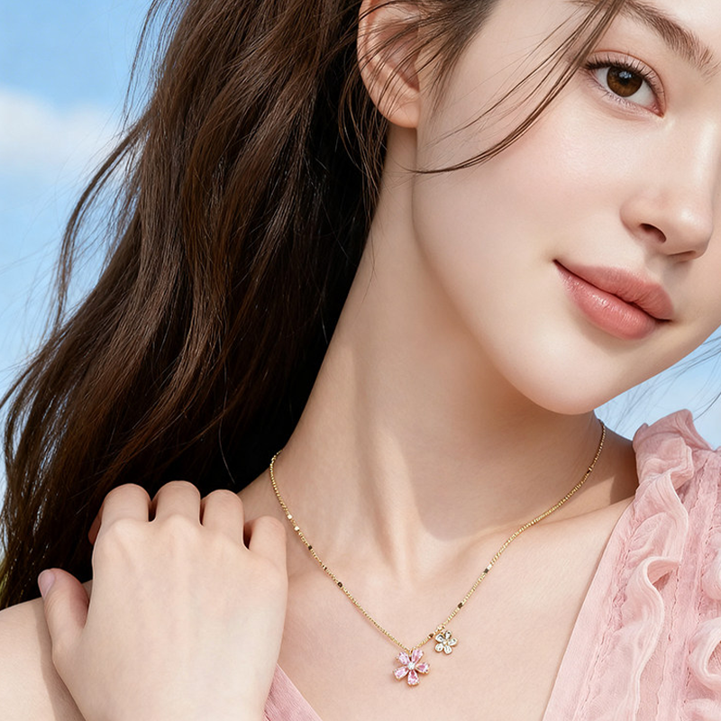 粉紅櫻花輕奢純銀鎖骨錬