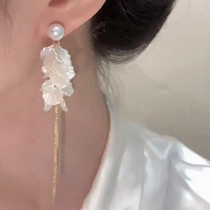 珍珠貝殼葉長款流蘇耳環
