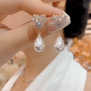 法式滿鑽愛心珍珠耳環