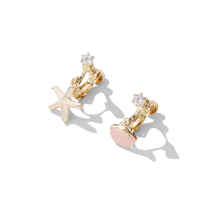 夏天粉色貝殼海星耳環 夾式耳環