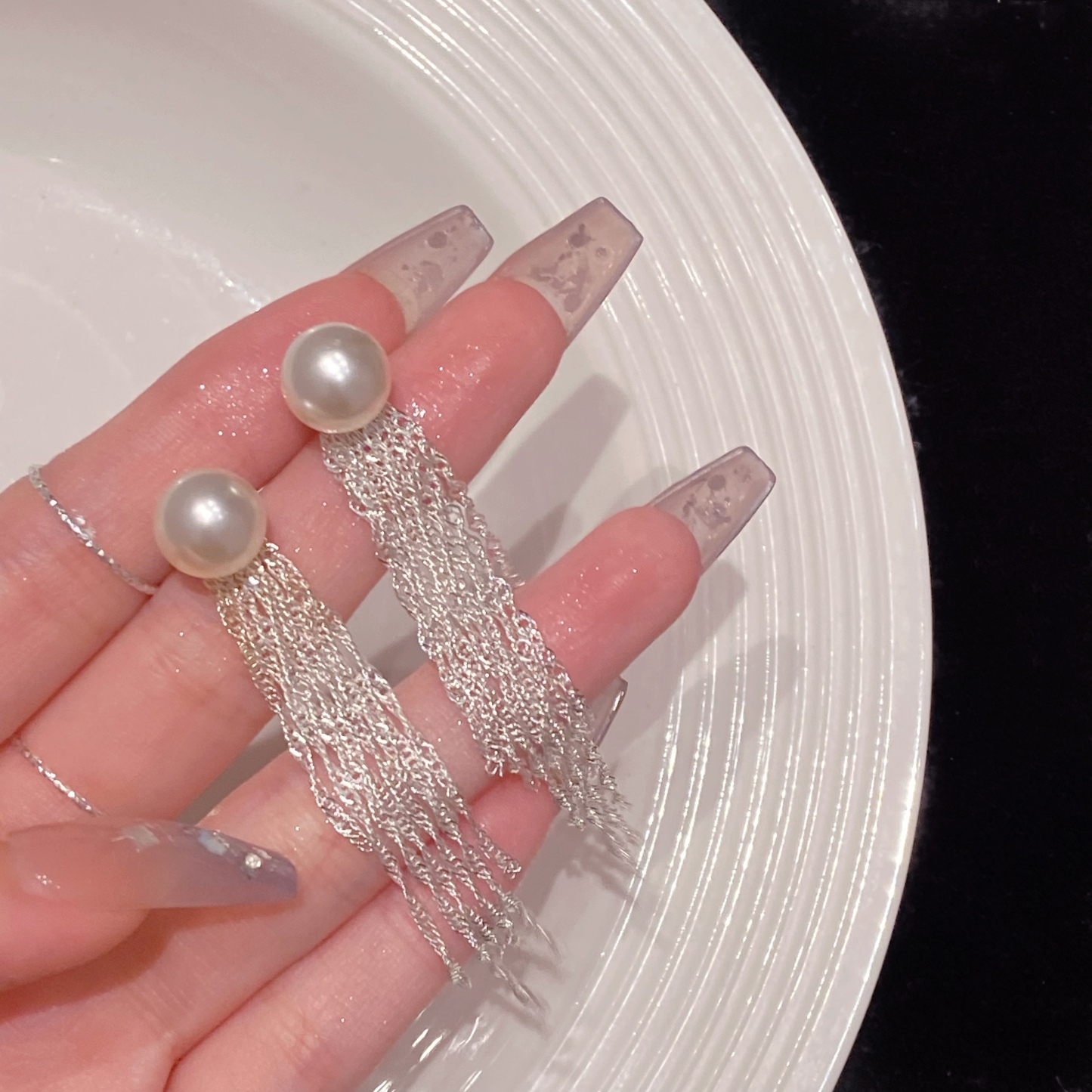 「月下星河」長款珍珠流蘇耳環