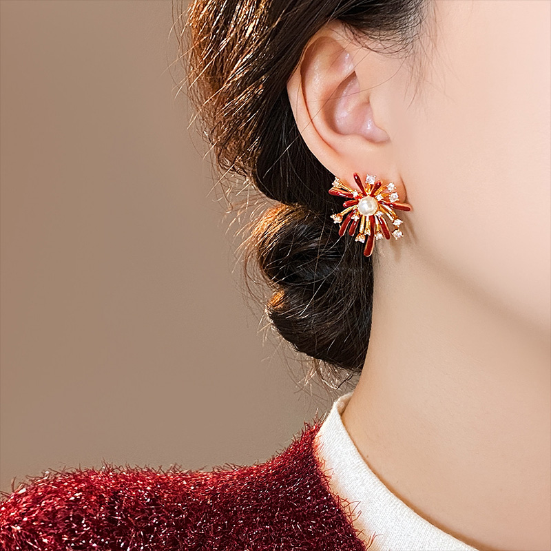 閃耀煙花紅色氣質耳環