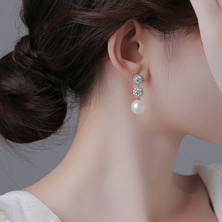 氣質珍珠閃鑽流蘇耳環   