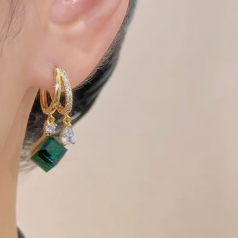 綠色方糖水晶耳環耳扣耳環