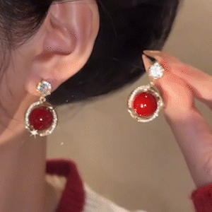 法式復古紅色珍珠耳環