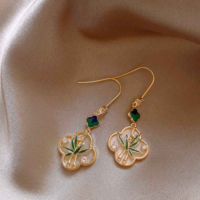 新中式四葉草竹葉鋯石耳環