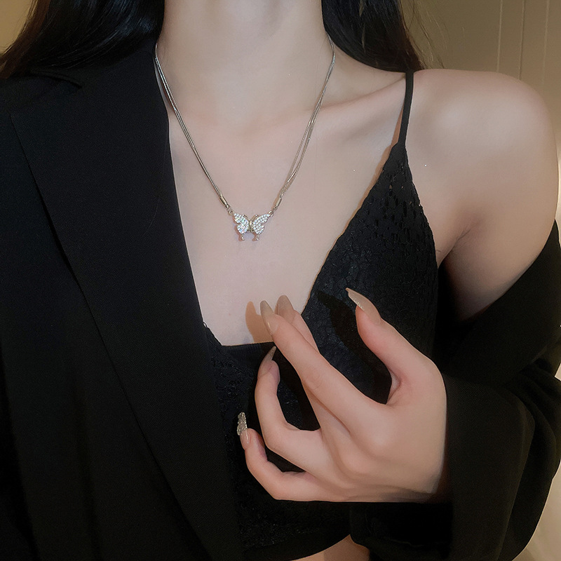 雙層微鑽相吸蝴蝶結項鍊