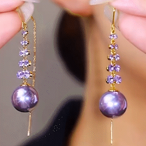 紫色麥穗珍珠流蘇耳環   