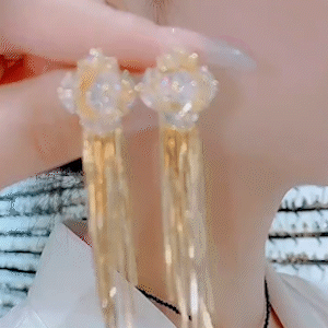 鑲鑽四葉花流蘇耳環