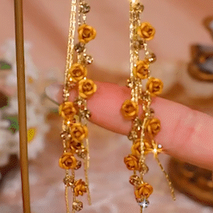 長款茶色玫瑰花流蘇耳環