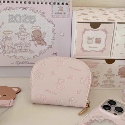 可愛蝴蝶結小熊印花粉色皮夾零錢包