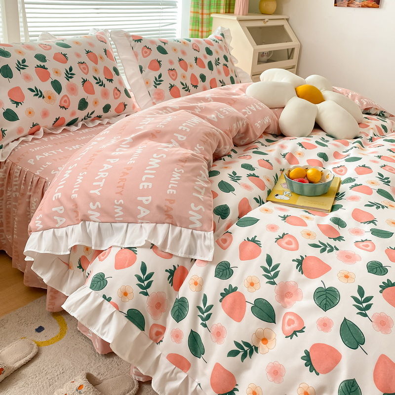 ins少女心純色皺褶花邊款親膚床裙床單四件組