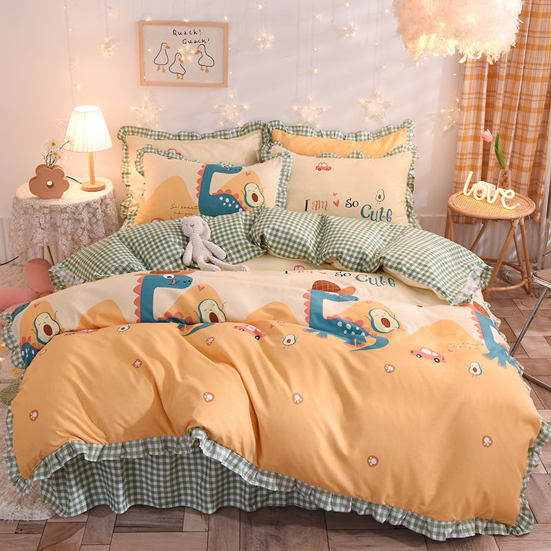 四季款純棉 清新印花雙層 絕美床裙 純色花邊三件組/四件組