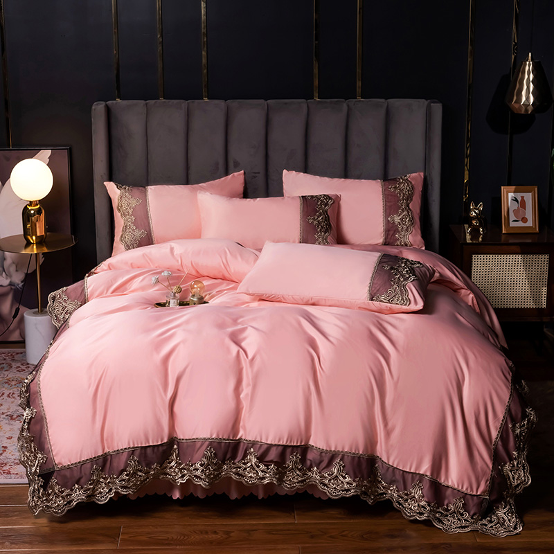 公主水洗真絲床裙 北歐風 蕾絲花邊冰絲裸睡夏季 四件組