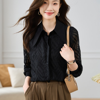 Polo領黑色雪紡襯衫