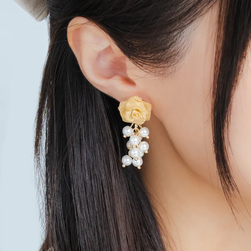 「紗織凝香」網紗玫瑰花珍珠串流蘇耳環