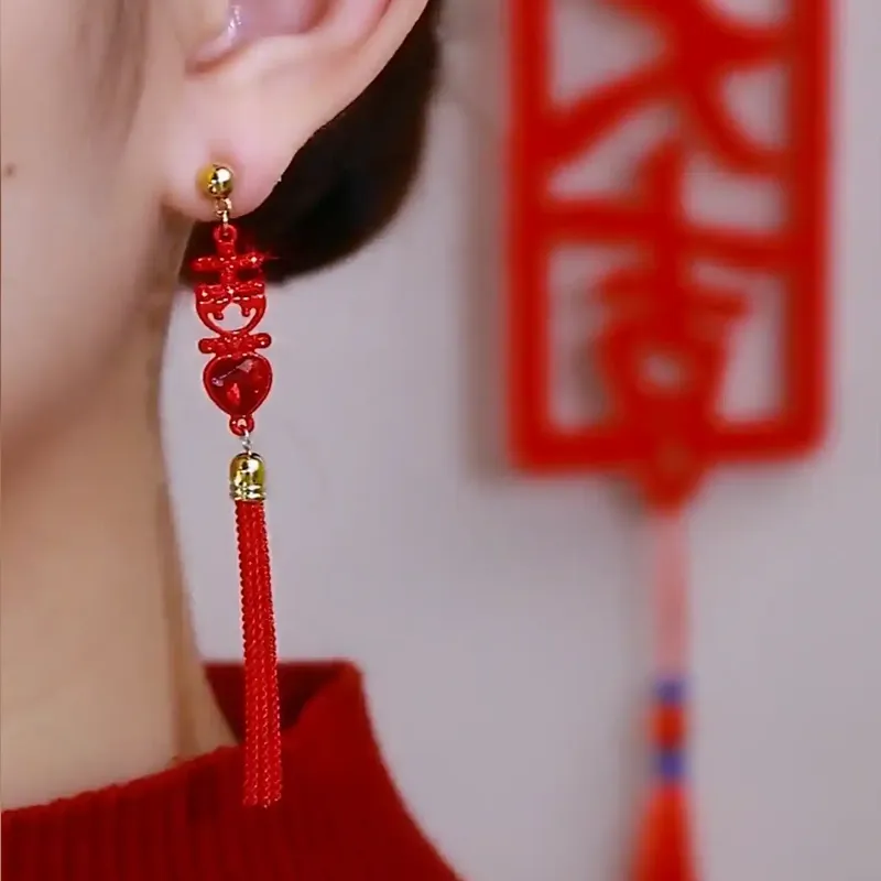 復古民國風新年紅雙喜耳環