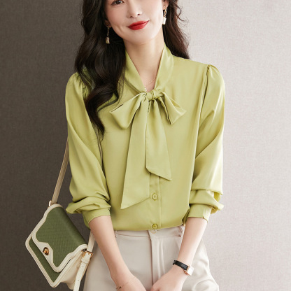 新款蝴蝶結職業休閒氣質緞面襯衫