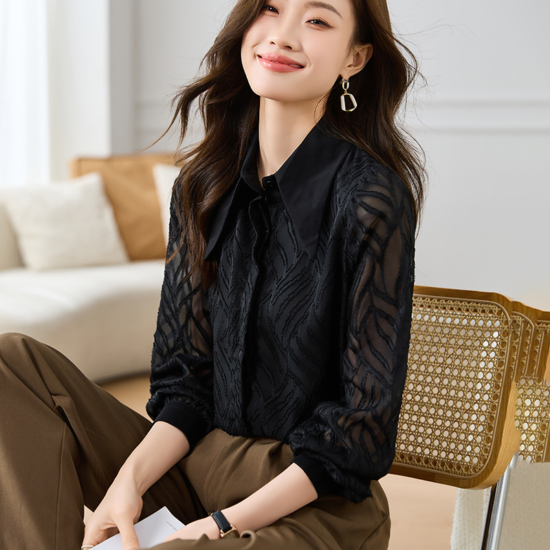 Polo領黑色雪紡襯衫