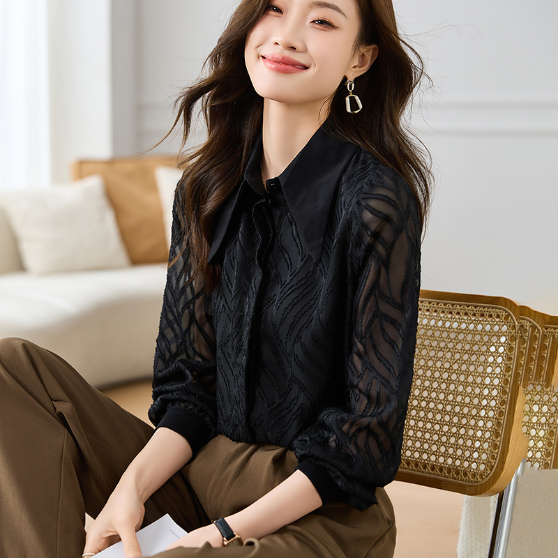 Polo領黑色雪紡襯衫